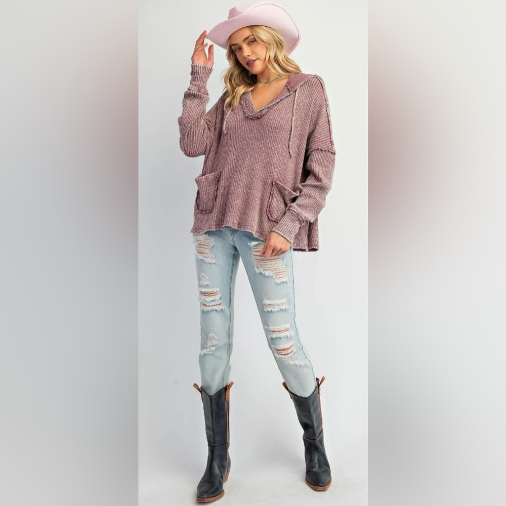 Easel Washed Novelty Rib Knit Hoodie Pullover